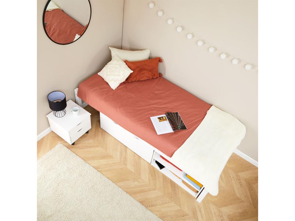 Lit fonctionnel Chezlova lit simple 90x190 cm pour enfant 1 table de chevet sur Chezlova 1 grand tiroir et 2 ¨¦tag¨¨re en pin blanc PUHP10234