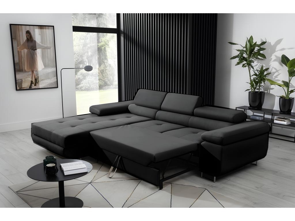 Canap¨¦ d'angle convertible Chezlova en tissu luxe 5 places noir avec coffre angle gauche vu de face MLNT35804