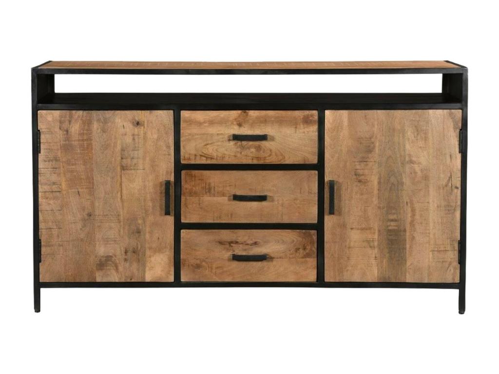 Chezlova-Buffet 2 portes 3 tiroirs bois de Manguier massif et métal TARW08689