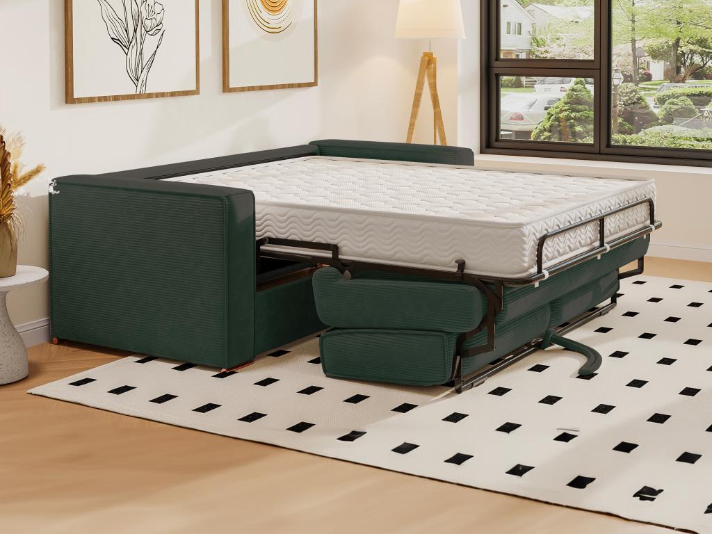Canap¨¦ 3 places convertible express en velours c?tel¨¦ vert sapin - Couchage 140 cm - Matelas 22 cm Artigeo JZNB30331