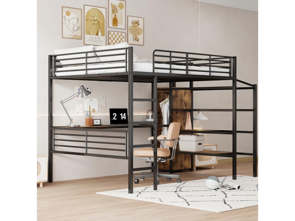 Lit mezzanine 140x200 cm avec bureau armoire et marches de rangement - M¨¦tal MDF - Noir sans matelas RPMN91532