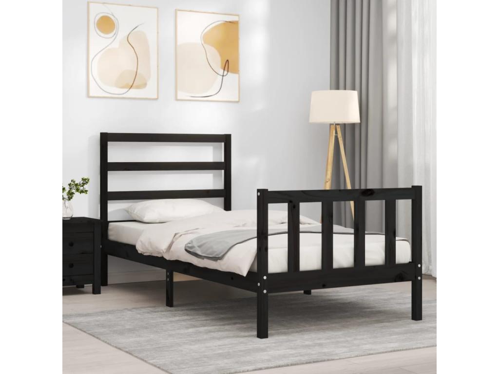 Cadre de lit et tête de lit noir 100x200 bois massif MXRF85124