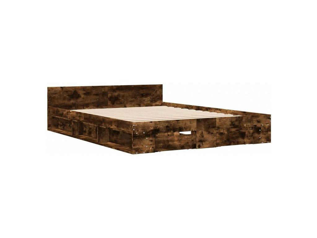 Cadre de lit et tiroirs ch¨ºne fum¨¦ 150x200 bois d'ing¨¦nierie PQQE86793