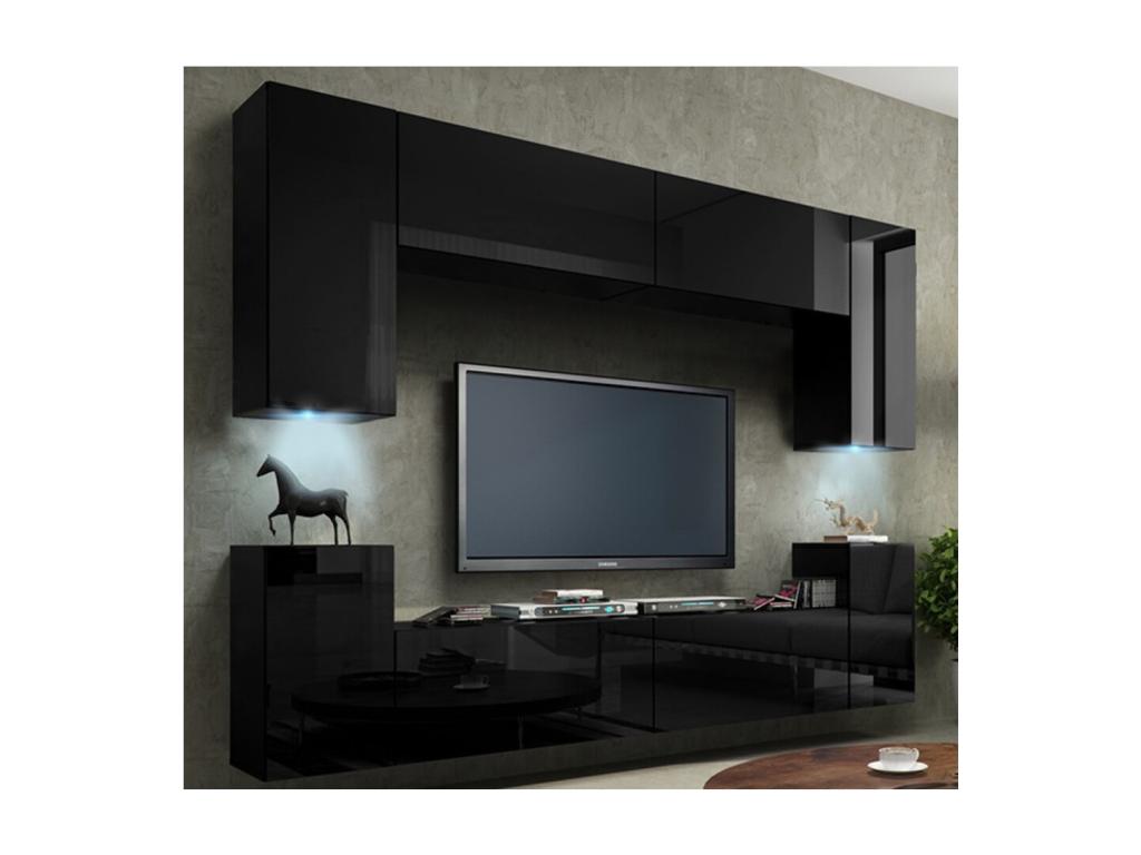Meuble TV suspendu 240cm collection Chezlova 4 portes Couleuris noir brillant. CHTM57435