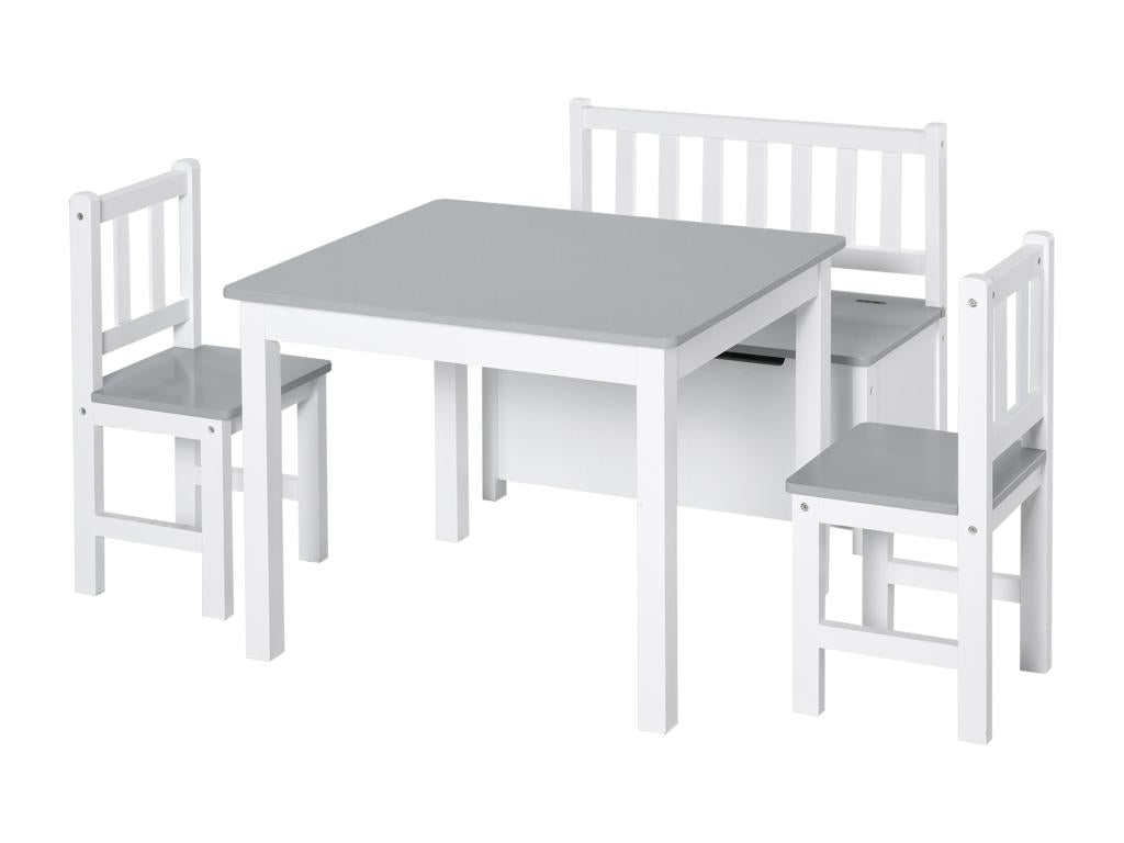 Ensemble de table et chaises enfant - set de 4 pièces - table 2 chaises banc coffre 2 en 1 - MDF pin blanc gris AIRC50628