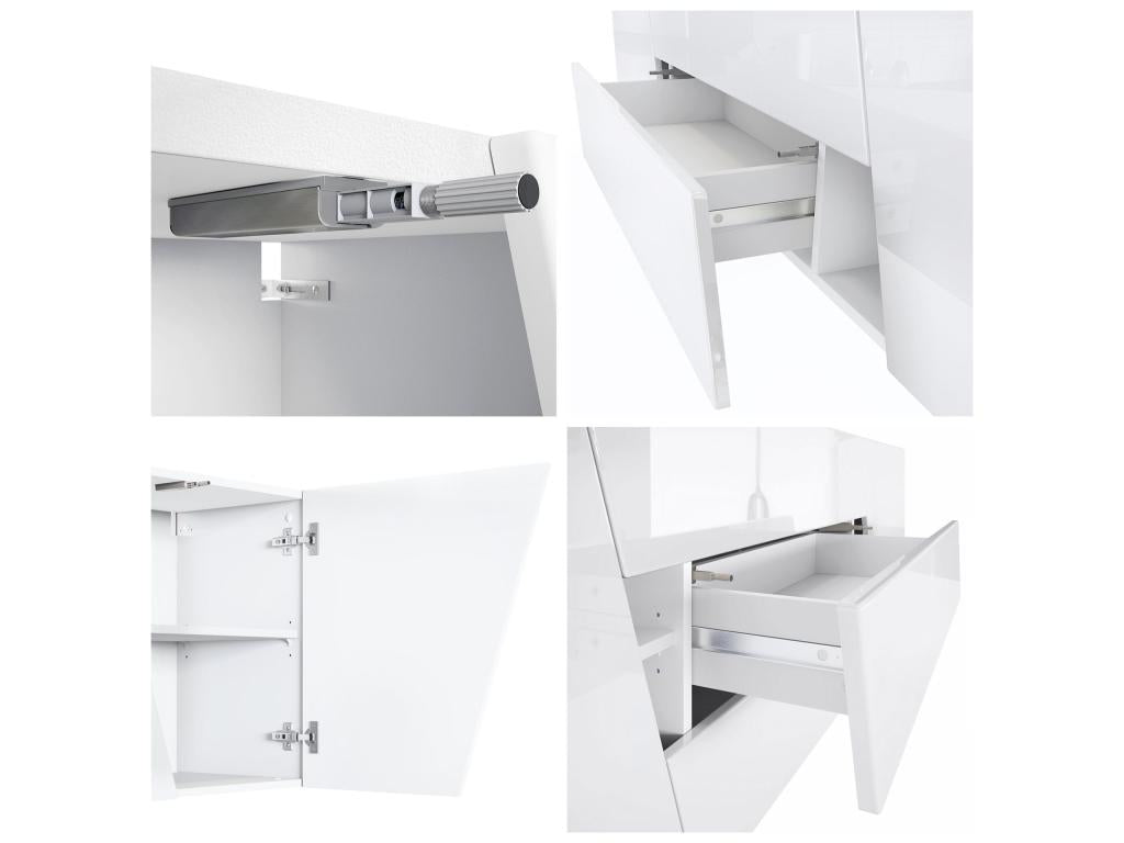 Buffet Suspendu Corps Blanc Mat Fa?ades Blanc Brillant Tiroir Aspect Central Chêne Nature LED QCNF51849