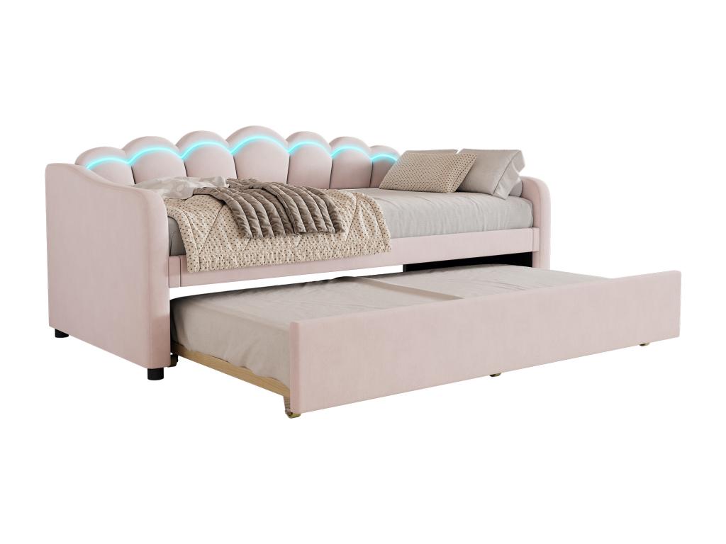 Lit banquette 90x200cm avec LED lit gigogne 90x190cm - rembourr¨¦ en tissu velours - Matelas Rose non inclus GOOR66228