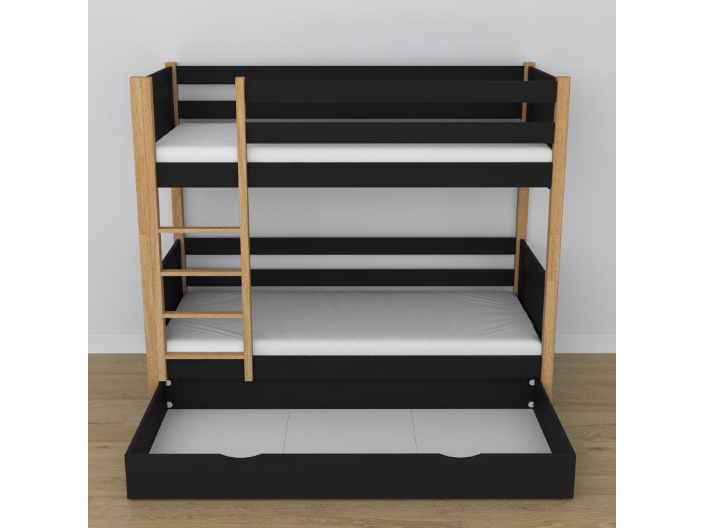 Lit superpos¨¦ en bois - avec tiroir N02 Noir / Ch¨ºne Naturel 90x200 IIRT88655