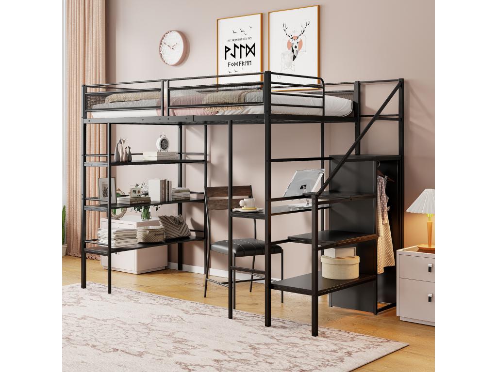 Lit mezzanine 90x200 cm avec bureau armoire ¨¦tag¨¨res et marches de rangement - M¨¦tal - pour enfant - Noir sans matelas VHDS01133
