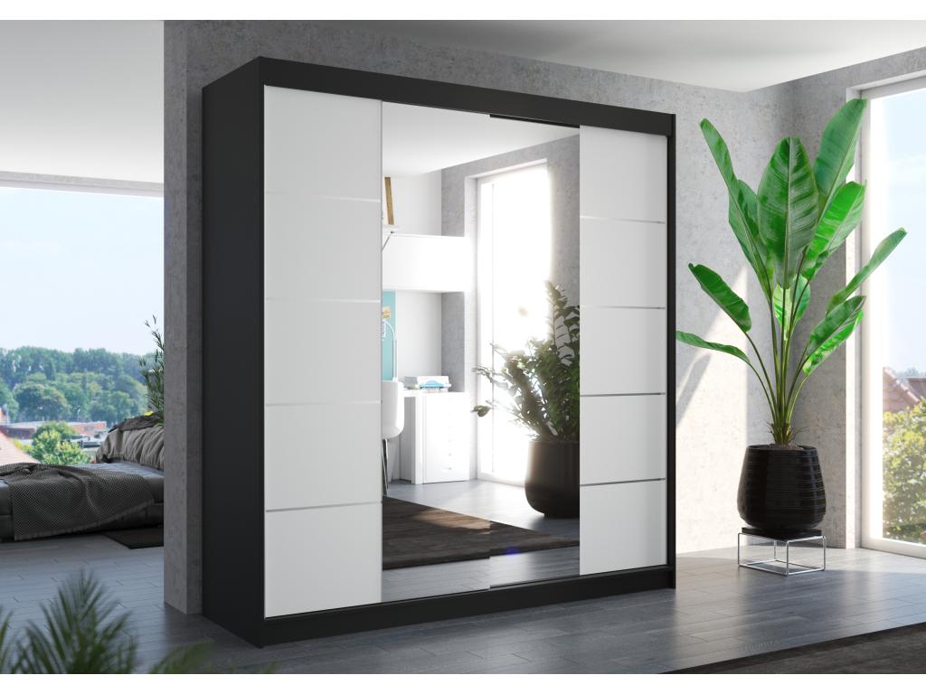 Armoire chambre adulte 2 portes coulissantes bois noir et blanc avec miroir Chezlova 200cm VFXZ30731