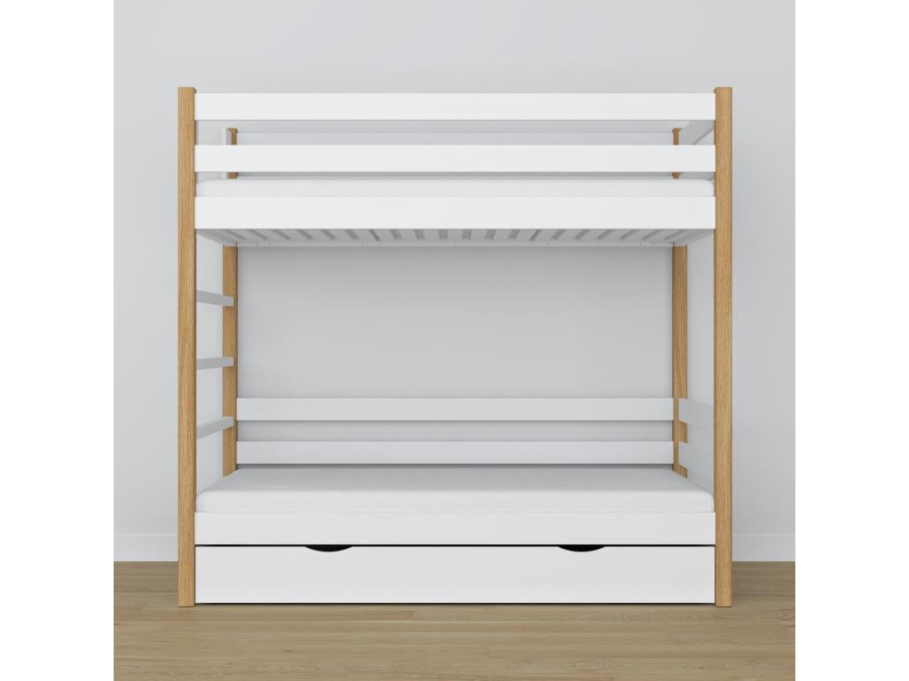 Lit superpos¨¦ en bois - avec tiroir N03 Blanc / Ch¨ºne Naturel 100x180 ESTM09204