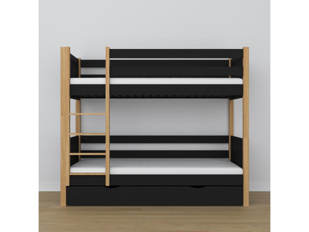 Lit superpos¨¦ en bois - avec tiroir N02 Noir / Ch¨ºne Naturel 90x200 IIRT88655