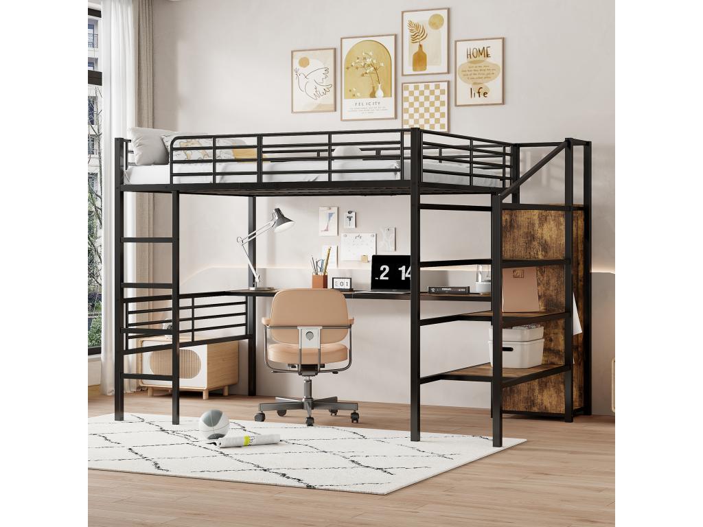 Lit mezzanine 140x200 cm avec bureau armoire et marches de rangement - M¨¦tal MDF - Noir sans matelas RPMN91532