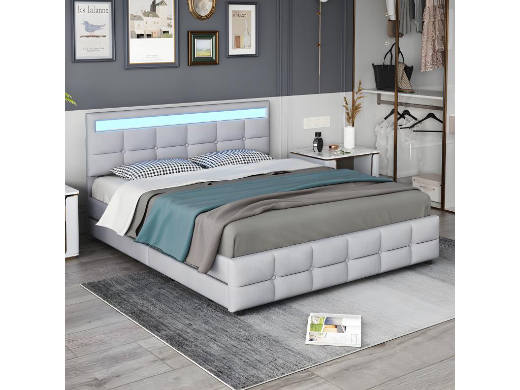 Lit LED avec tête de lit rangements et 4 tiroirs - 180x190 cm - Gris - Chezlova OKGU79506