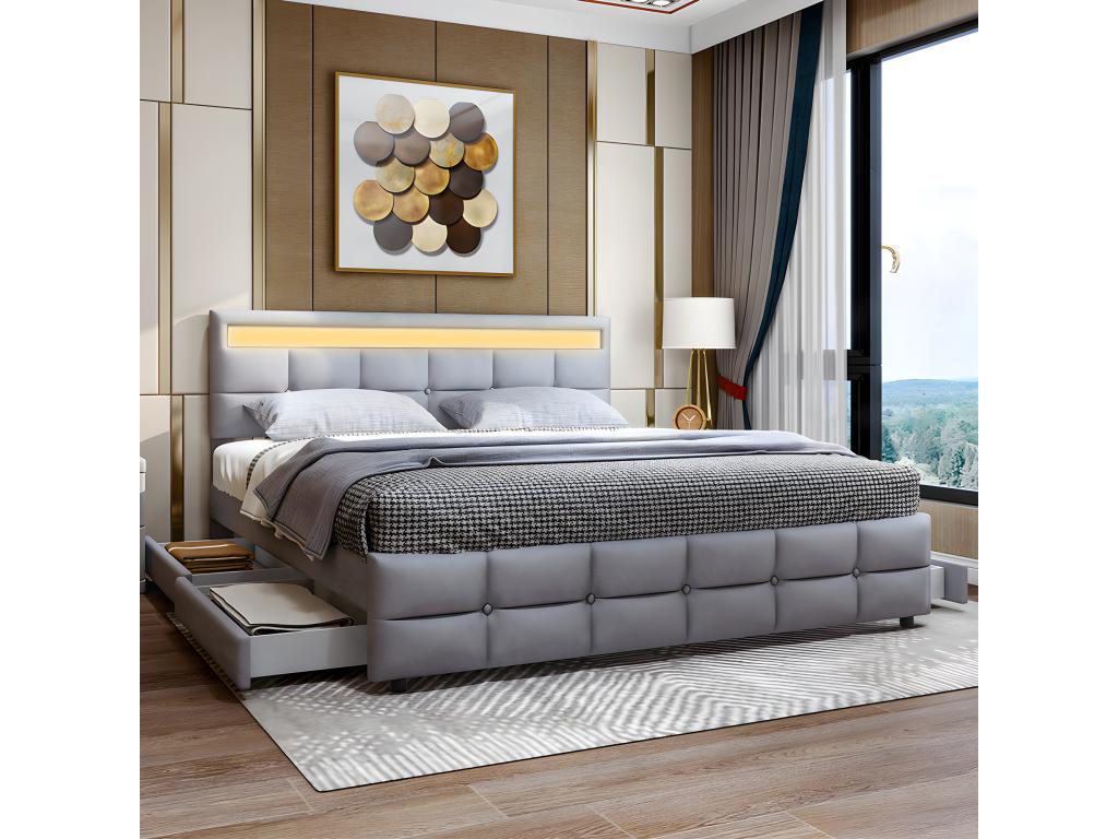 Lit LED avec tête de lit rangements et 4 tiroirs - 180x190 cm - Gris - Chezlova OKGU79506