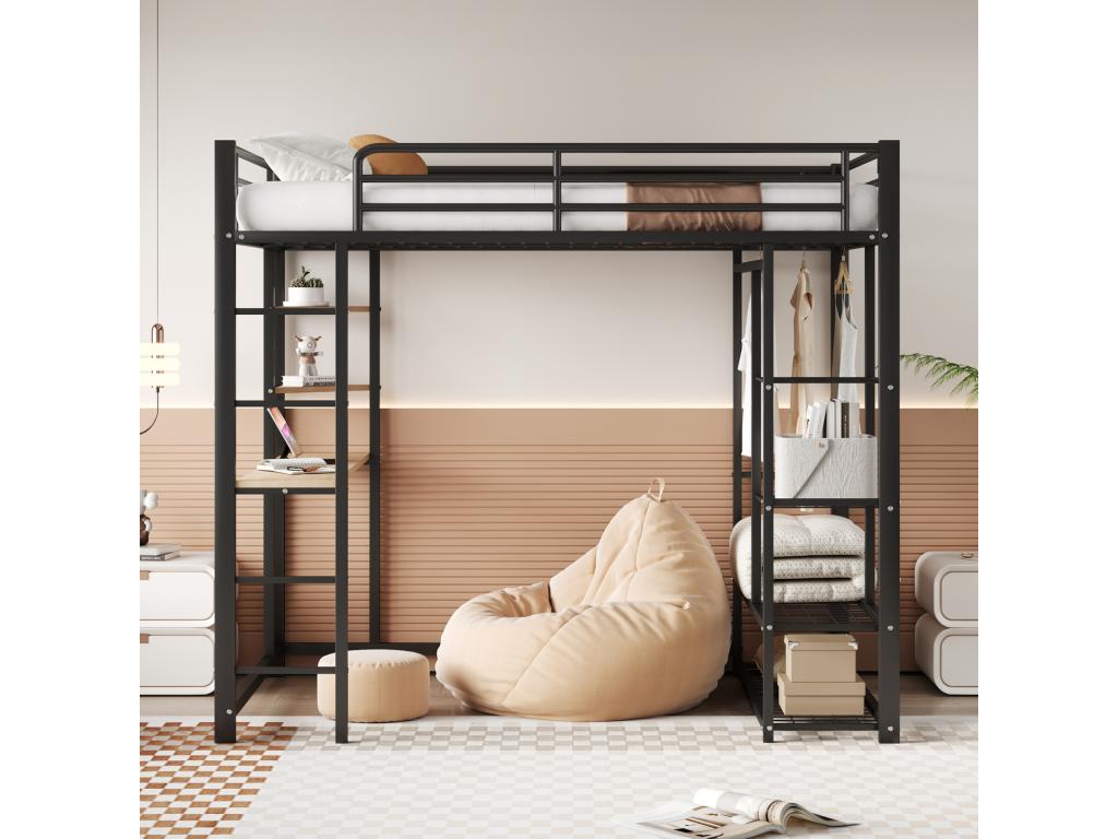 Lit mezzanine lit en fer/ lit en métal 140x200cm lit simple enfant avec compartiment de rangement table et sommier Chezlova noir QWFD34042