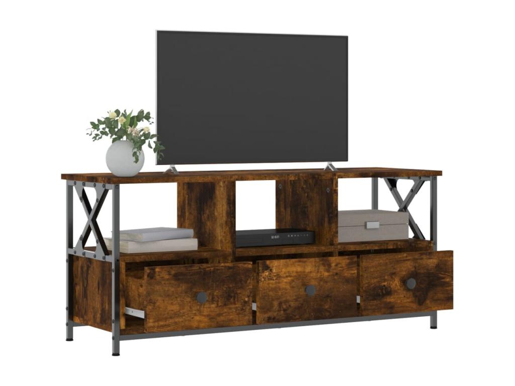 Meuble TV ch¨ºne fum¨¦ 102x33x45 cm bois d'ing¨¦nierie et fer TVJN12042