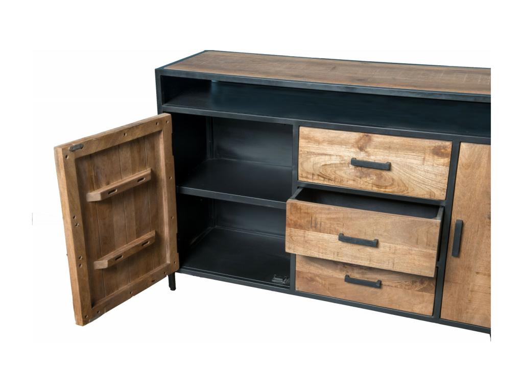 Chezlova-Buffet 2 portes 3 tiroirs bois de Manguier massif et métal TARW08689