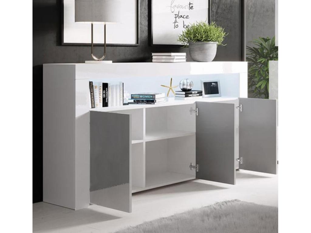 Bahut Buffet bas pour Salon Salle ¨¤ manger en Blanc et Gris avec LED 155x37x91.5cm Aker PDSW91357