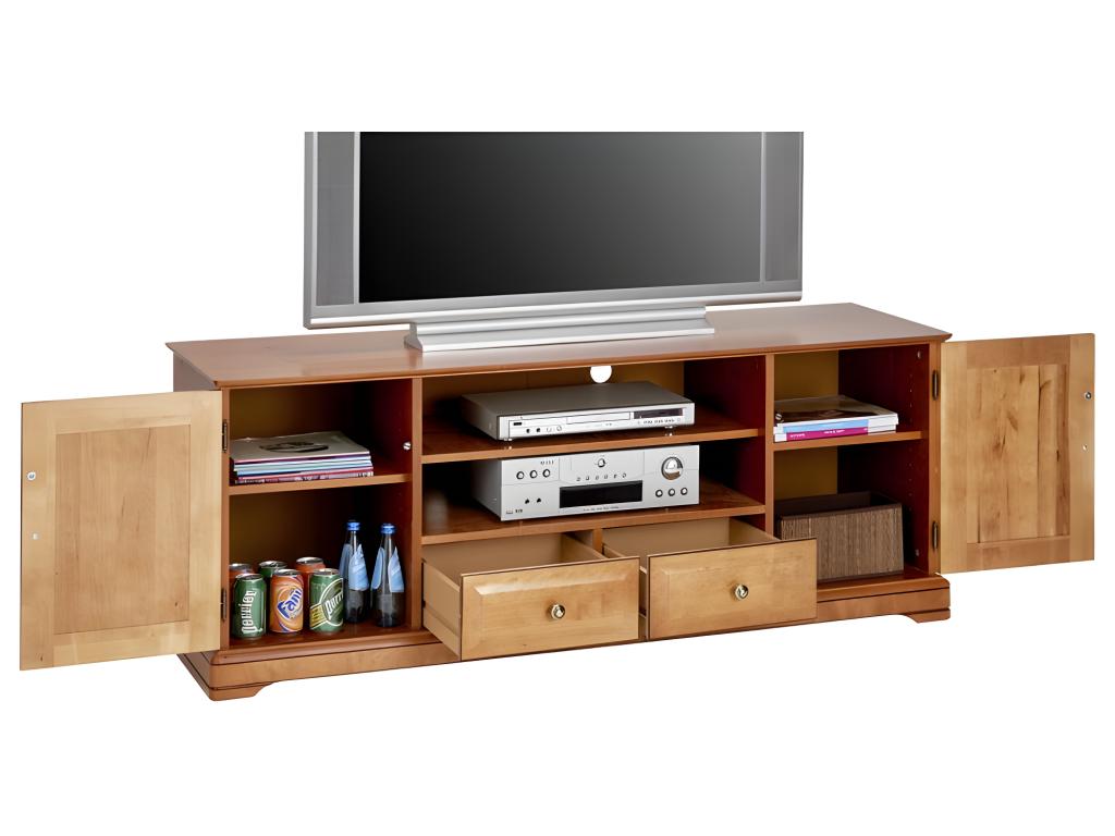 Meuble TV 60 Pouces Merisier 2 Portes 2 Tiroirs 6 Niches L 158.8 H 60.3 P 46 cm SREC16465