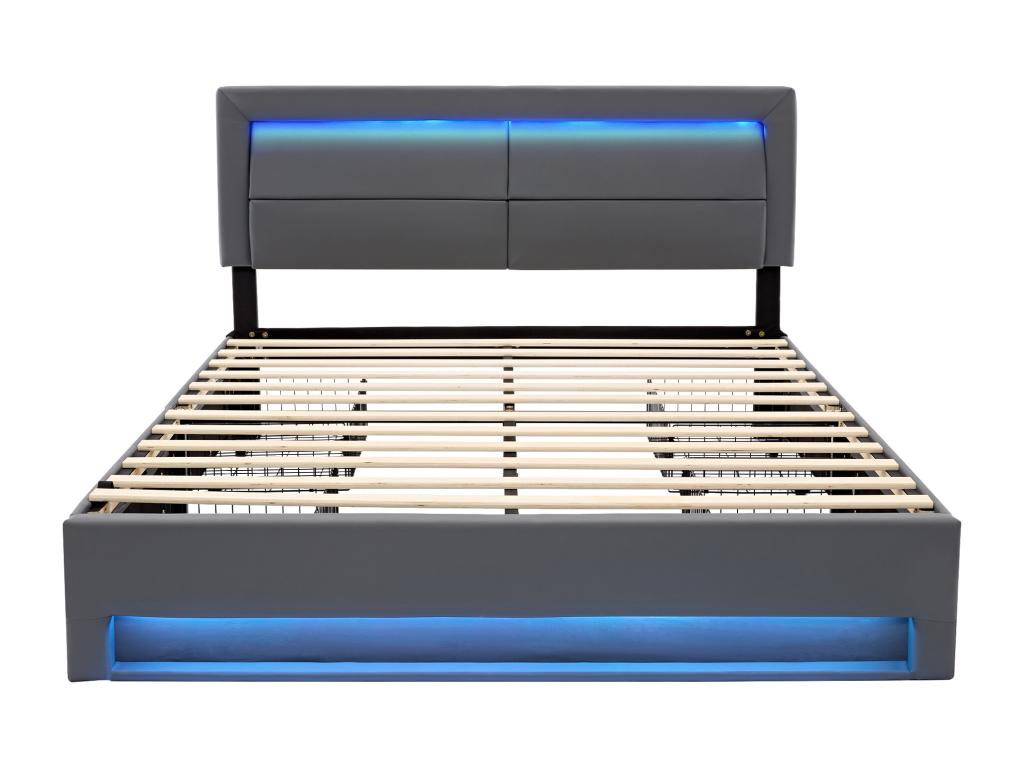Lit double 140x190 cm en similicuir avec LED - 4 tiroirs - avec ports de recharge filaire / sans fil - Gris PXPZ57720