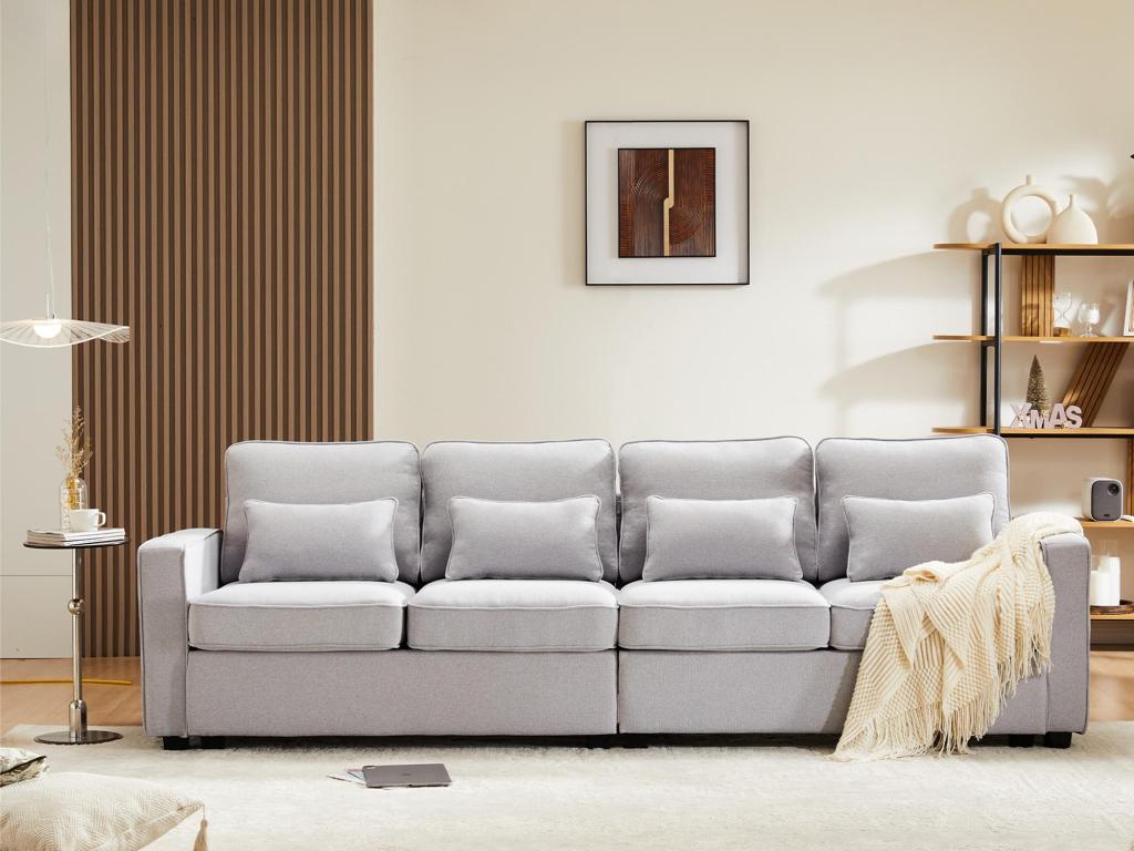 Canap¨¦ fixe 4 places en tissu lin - avec poches sur les c?t¨¦s - Gris clair KUJD82038