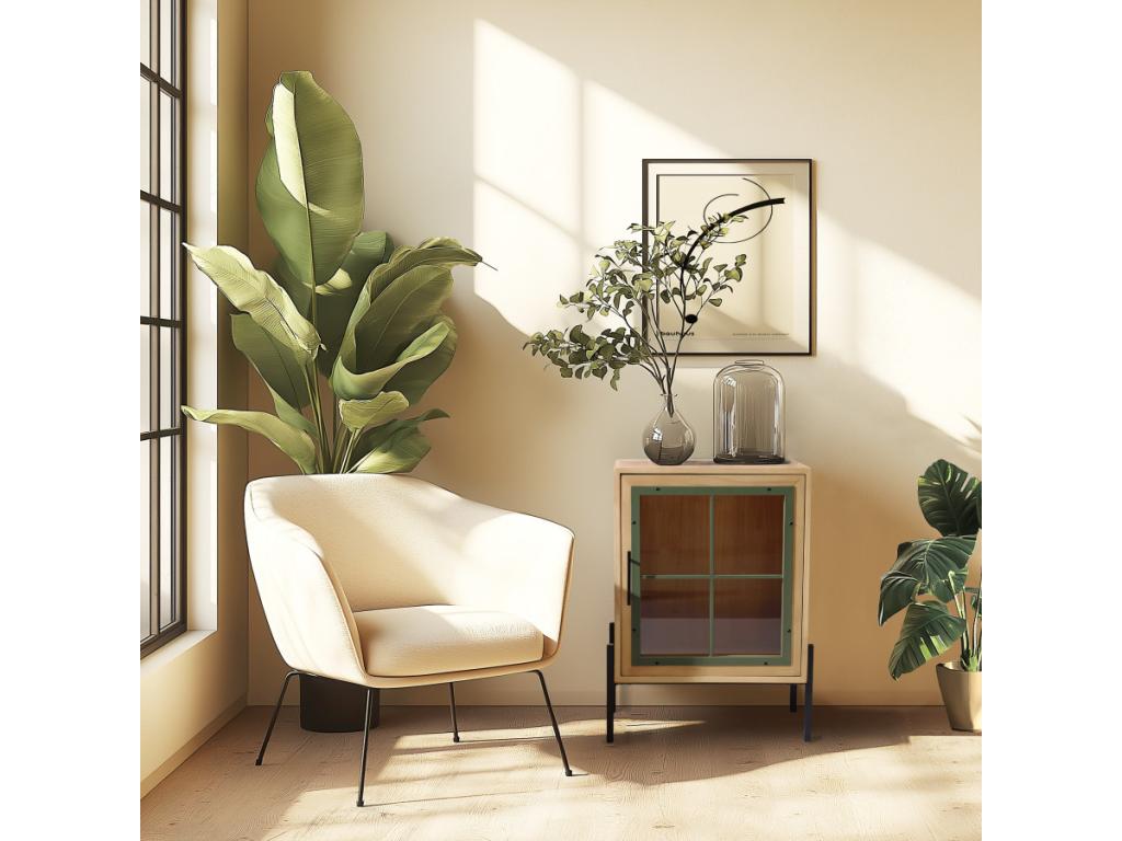 Artigeo - Buffet 1 porte vitr¨¦e encadrement vert pin et m¨¦tal noir IZTM28095