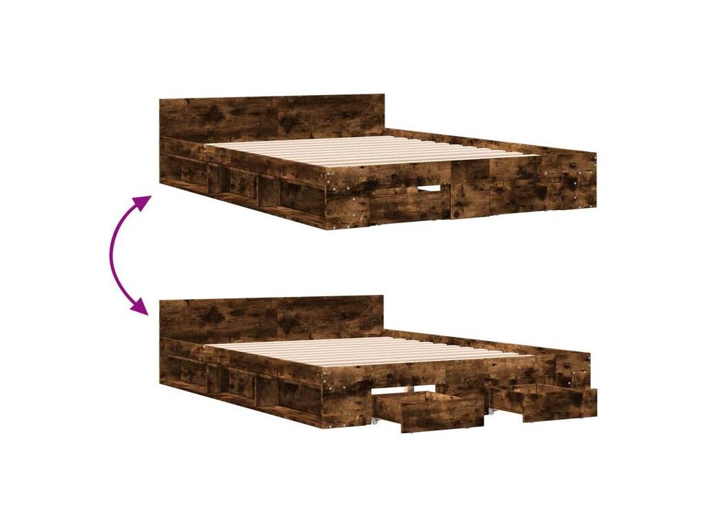 Cadre de lit et tiroirs ch¨ºne fum¨¦ 150x200 bois d'ing¨¦nierie PQQE86793