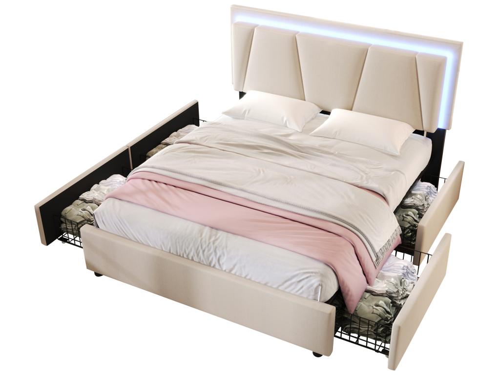 Lit rembourr¨¦ 160x200cm en lin - avec 2 tiroirs LED sommier¨¤ Artigeo - Beige OZYD38796