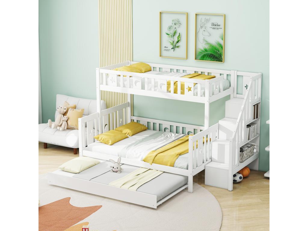 Lit superpos¨¦ en bois massif blanc pour enfants 90 x 200 / 140 x 200cm avec escalier de sécurité¨¦ lit pliant et cadre ¨¤ Artigeo LHPJ58428