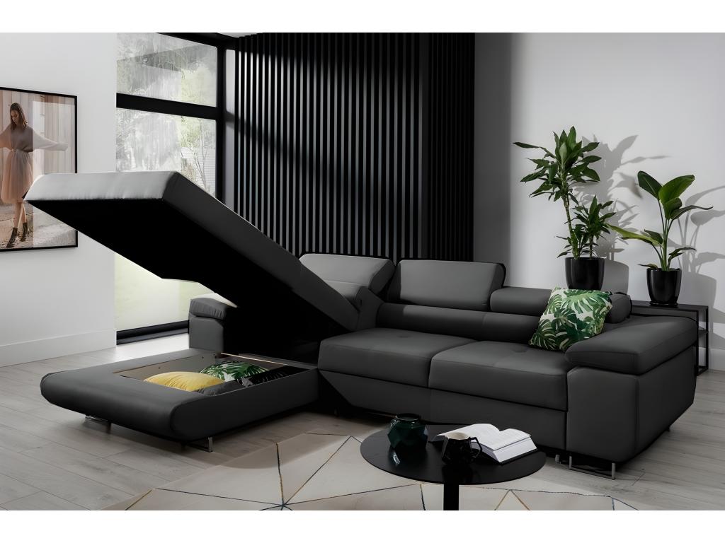 Canap¨¦ d'angle convertible Chezlova en tissu luxe 5 places noir avec coffre angle gauche vu de face MLNT35804