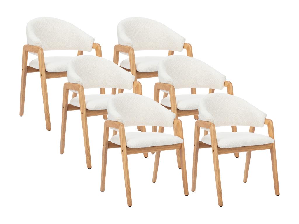 Lot de 6 chaises avec accoudoirs en tissu bouclette et bois d'h¨¦v¨¦a - Blanc et naturel - Chezlova BGGV20730