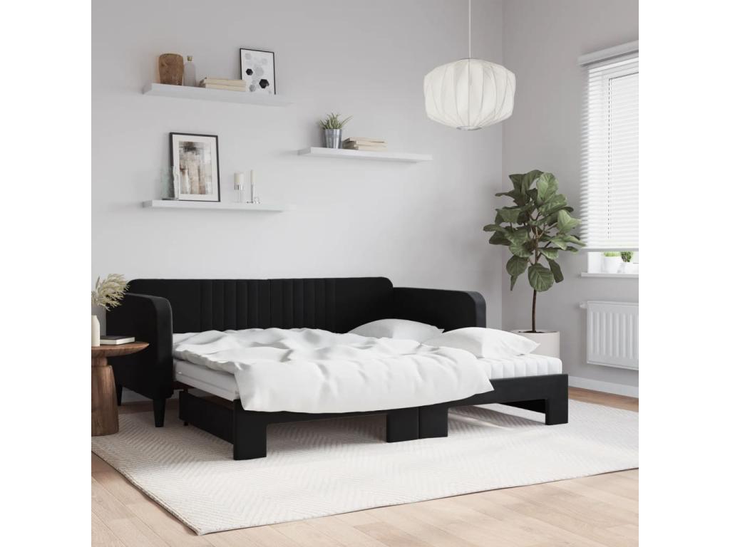 Lit de jour avec gigogne et matelas noir 90x190 cm velours DGVY96324
