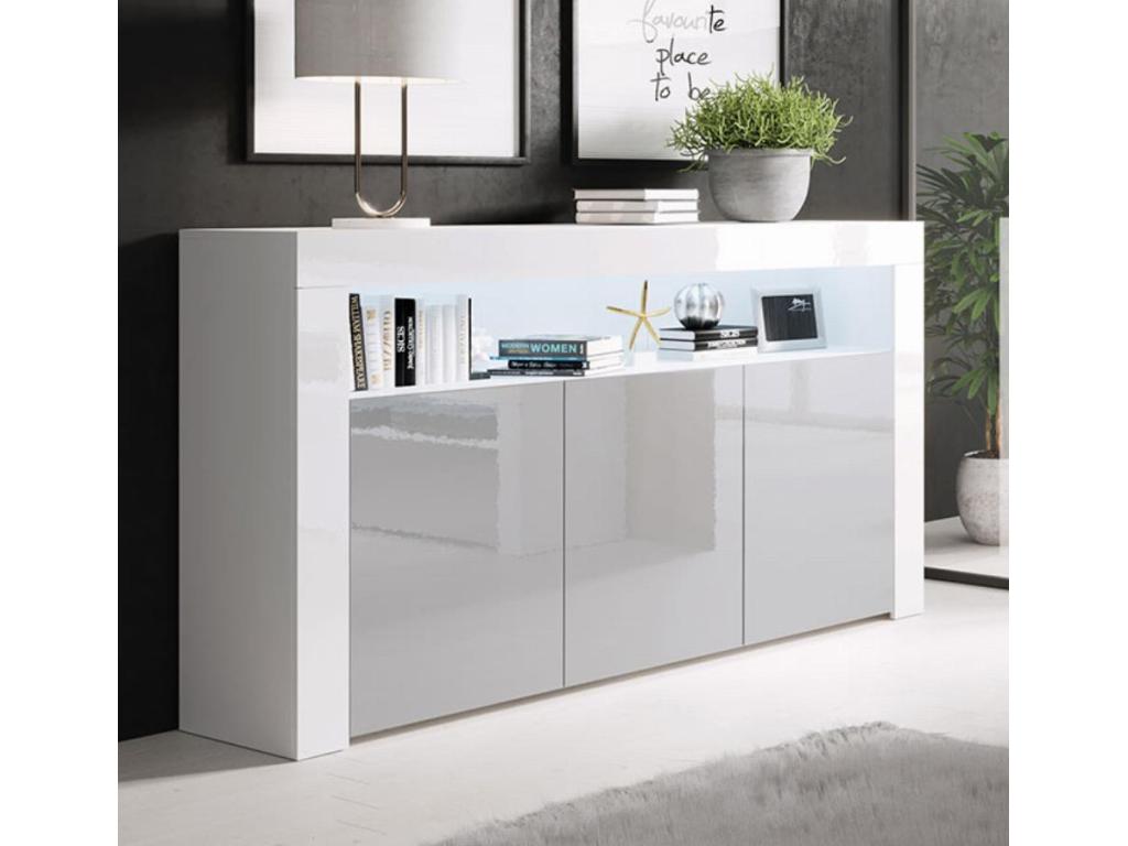 Bahut Buffet bas pour Salon Salle ¨¤ manger en Blanc et Gris avec LED 155x37x91.5cm Aker PDSW91357