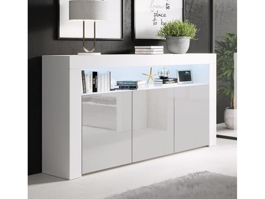 Bahut Buffet bas pour Salon Salle ¨¤ manger en Blanc et Gris avec LED 155x37x91.5cm Aker PDSW91357