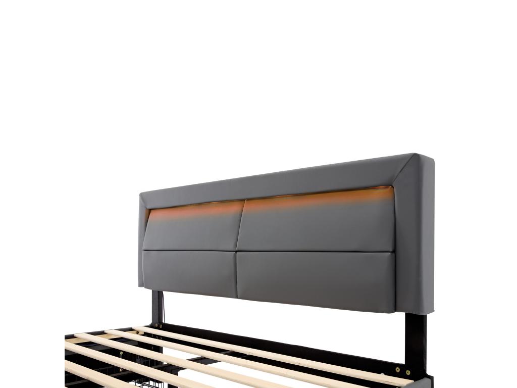 Lit double 140x190 cm en similicuir avec LED - 4 tiroirs - avec ports de recharge filaire / sans fil - Gris PXPZ57720