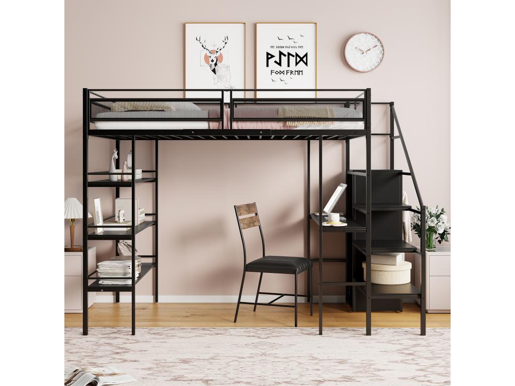 Lit mezzanine 90x200 cm avec bureau armoire ¨¦tag¨¨res et marches de rangement - M¨¦tal - pour enfant - Noir sans matelas VHDS01133