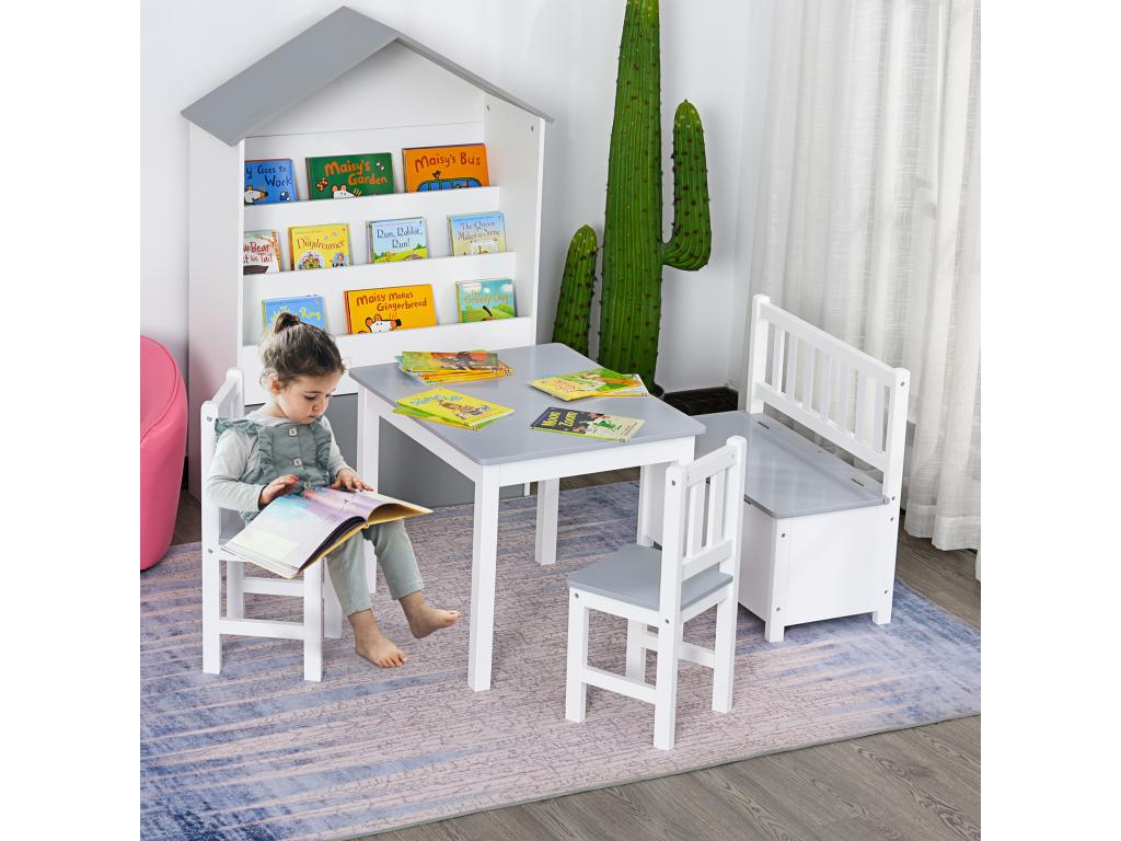 Ensemble de table et chaises enfant - set de 4 pièces - table 2 chaises banc coffre 2 en 1 - MDF pin blanc gris AIRC50628