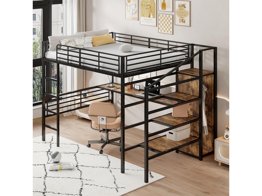 Lit mezzanine 140x200 cm avec bureau armoire et marches de rangement - M¨¦tal MDF - Noir sans matelas RPMN91532