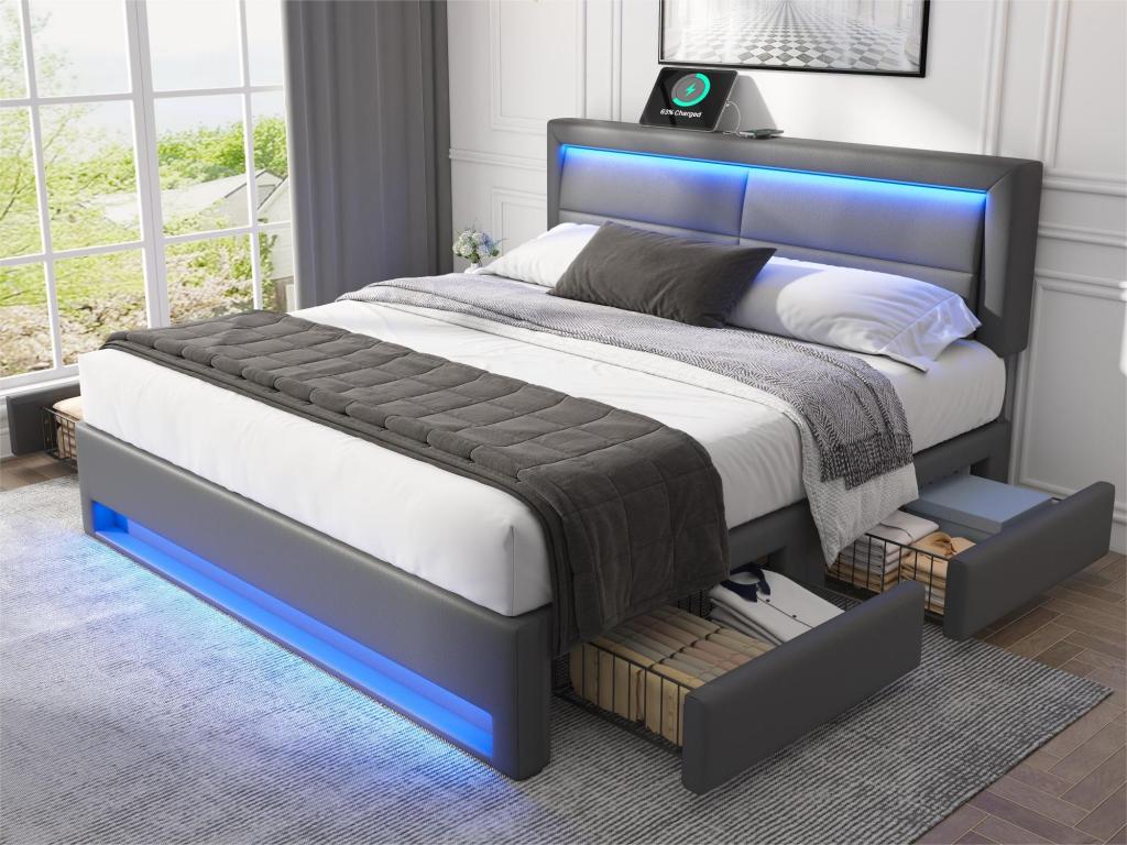 Lit double 140x190 cm en similicuir avec LED - 4 tiroirs - avec ports de recharge filaire / sans fil - Gris PXPZ57720