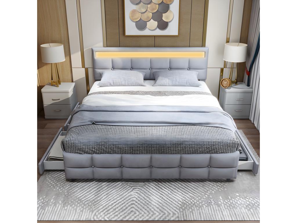 Lit LED avec tête de lit rangements et 4 tiroirs - 180x190 cm - Gris - Chezlova OKGU79506