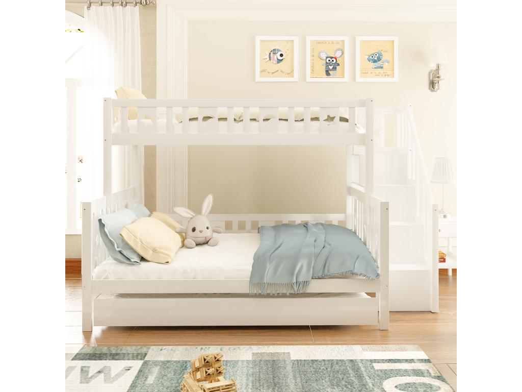 Lit superpos¨¦ en bois massif blanc pour enfants 90 x 200 / 140 x 200cm avec escalier de sécurité¨¦ lit pliant et cadre ¨¤ Artigeo LHPJ58428