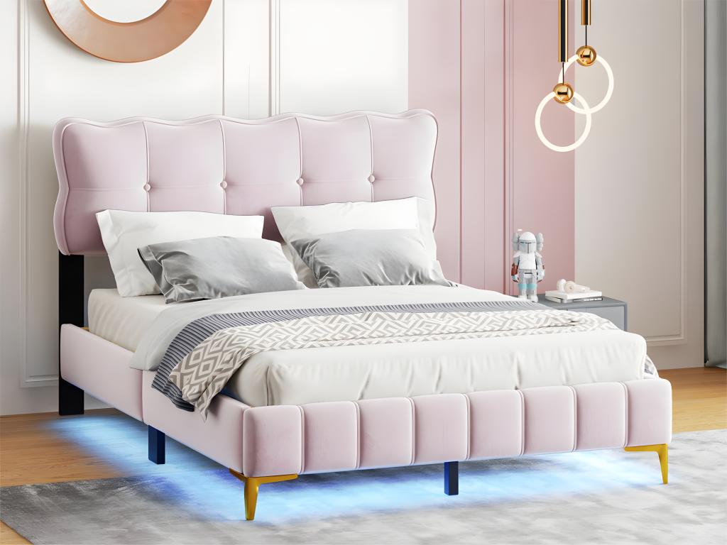 Lit 140x200cm en velours - avec ¨¦éclairage LED et sommier ¨¤ Chezlova - Rose BQZG14693