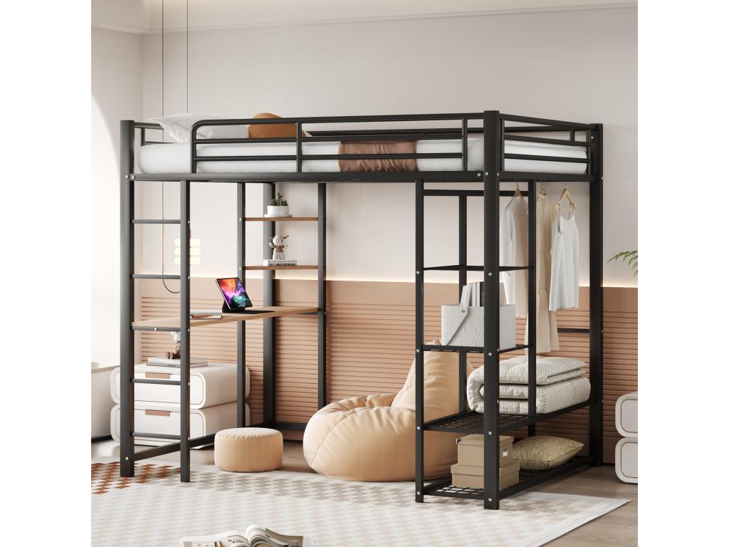 Lit mezzanine lit en fer/ lit en métal 140x200cm lit simple enfant avec compartiment de rangement table et sommier Chezlova noir QWFD34042