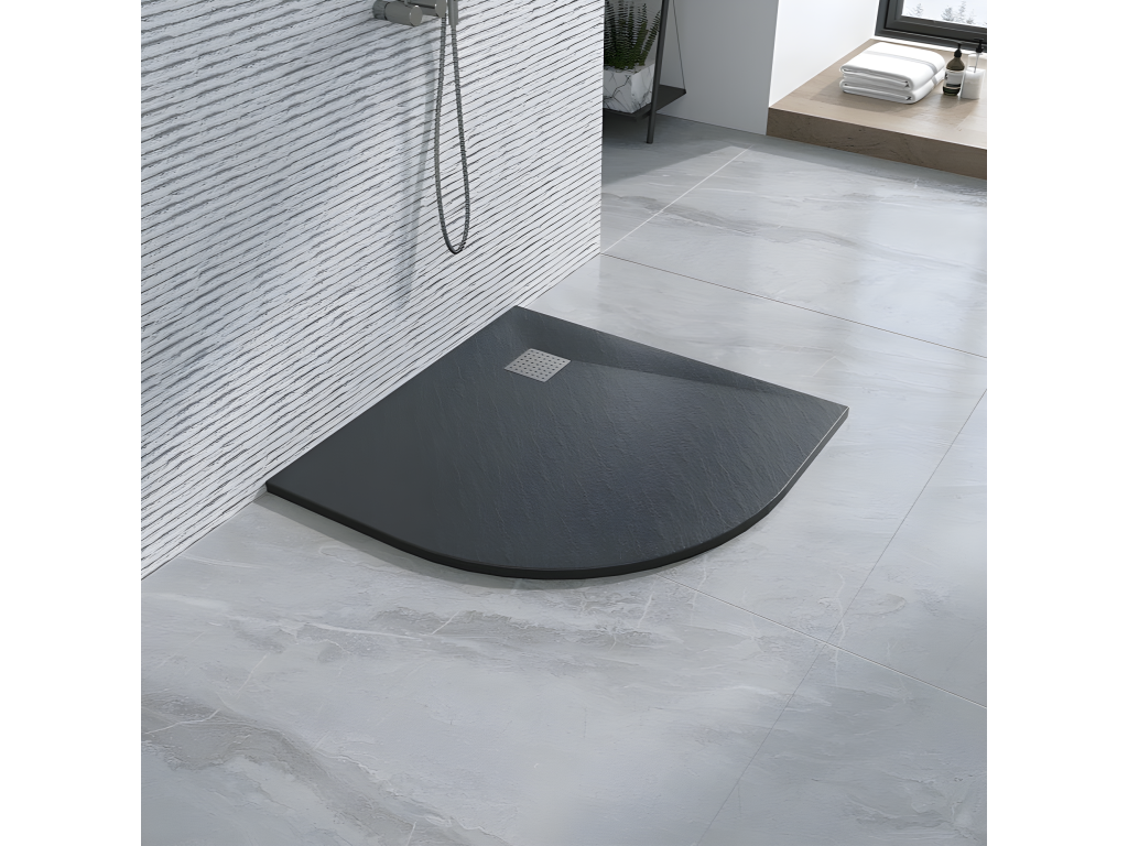 Récepteur de douche 90x90 cm semi-circulaire ligne Artigeo extra fin anthracite en résine synthétique et poudre de marbre avec évacuation gratuite OGOS15966