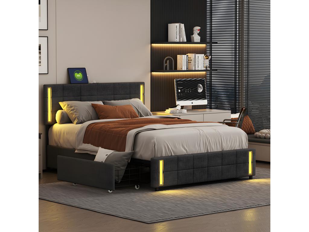 Lit avec tiroirs 140x200 cm avec prise de Chezlova¨¨re LED 4 tiroirs - Gris - Chezlova HEYE03891