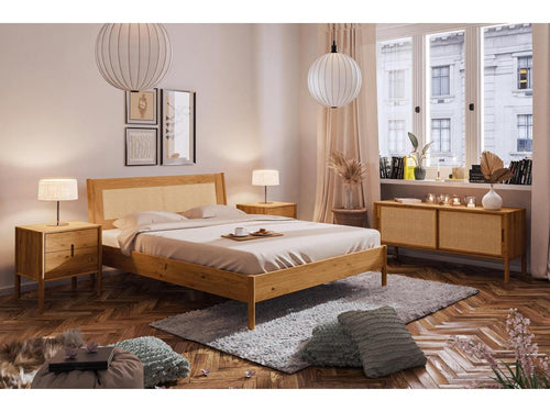 Artigeo - Lit avec tête de lit en rotin 180x200 en ch¨ºne sauvage huil¨¦ naturel OVJH18857