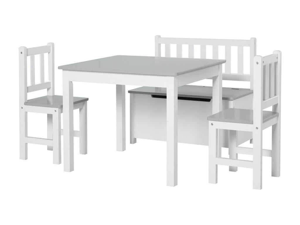 Ensemble de table et chaises enfant - set de 4 pièces - table 2 chaises banc coffre 2 en 1 - MDF pin blanc gris AIRC50628