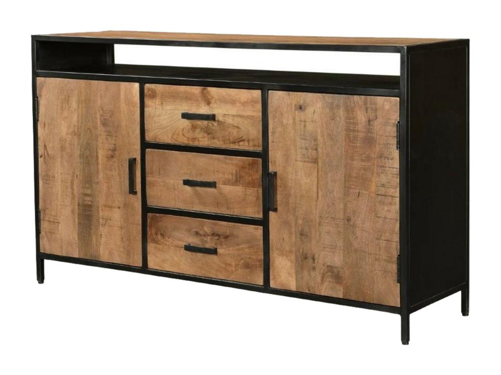 Chezlova-Buffet 2 portes 3 tiroirs bois de Manguier massif et métal TARW08689