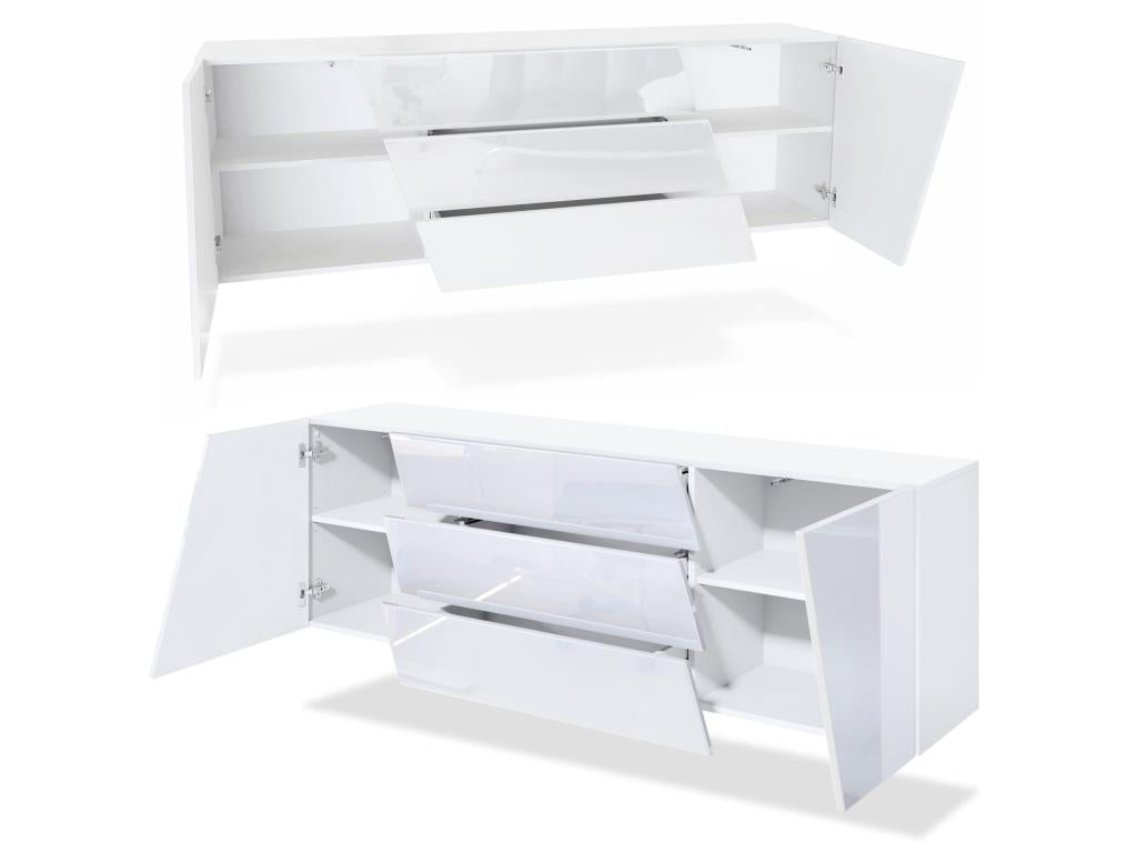 Buffet Suspendu Corps Blanc Mat Fa?ades Blanc Brillant Tiroir Aspect Central Chêne Nature LED QCNF51849